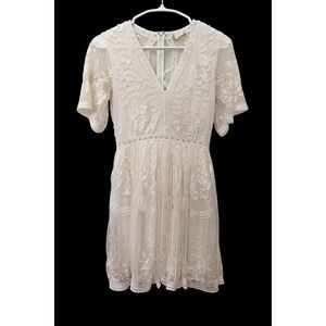 Altar'd State White Lace Floral Embroidered Mini Dress V-Neck Flutter Sleeve S